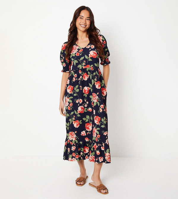 Petite Floral Tiered Midi Dress