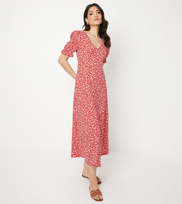 V-Neck Short Sleeves Midi Dress