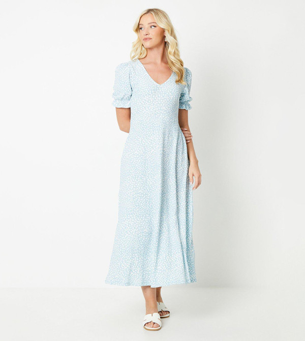 فستان ميدي بياقة V بأكمام قصيرة