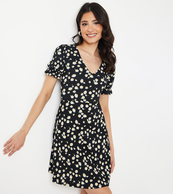 Printed V-Neck Short Sleeves Mini Dress