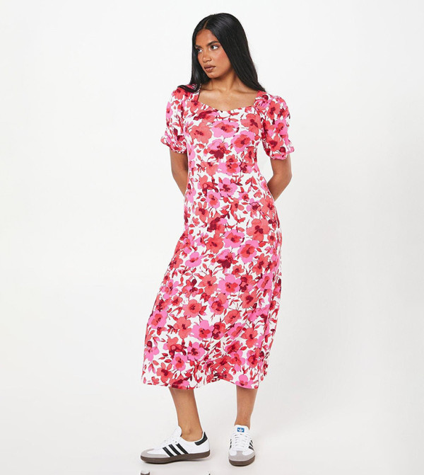 Petite Floral Printed Sweetheart Neck Midi Dress