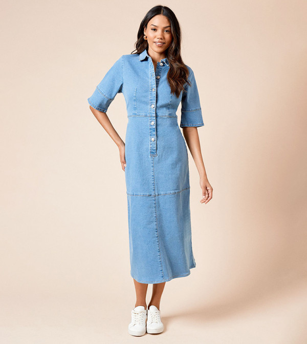 Half Placket Denim Shirt Dress