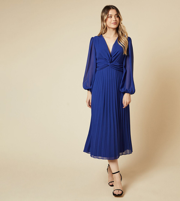 Twist Front Pleated Skirt Midi Dress