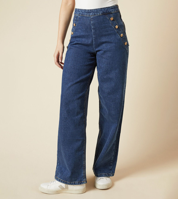 Military Button Detail Wide Leg Jeans