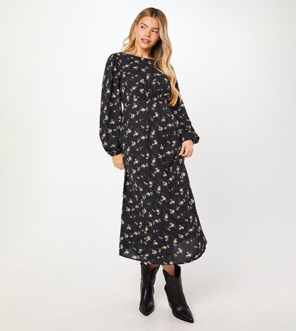 Ditsy Floral Shirred Waist Long Sleeves Midi Dress