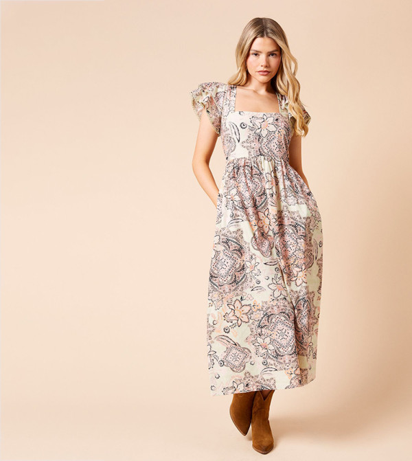 فستان ميدي بأكمام وطبعة قطن