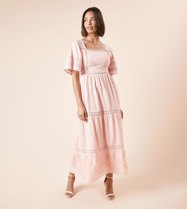 Embroidered Short Sleeves Midi Dress