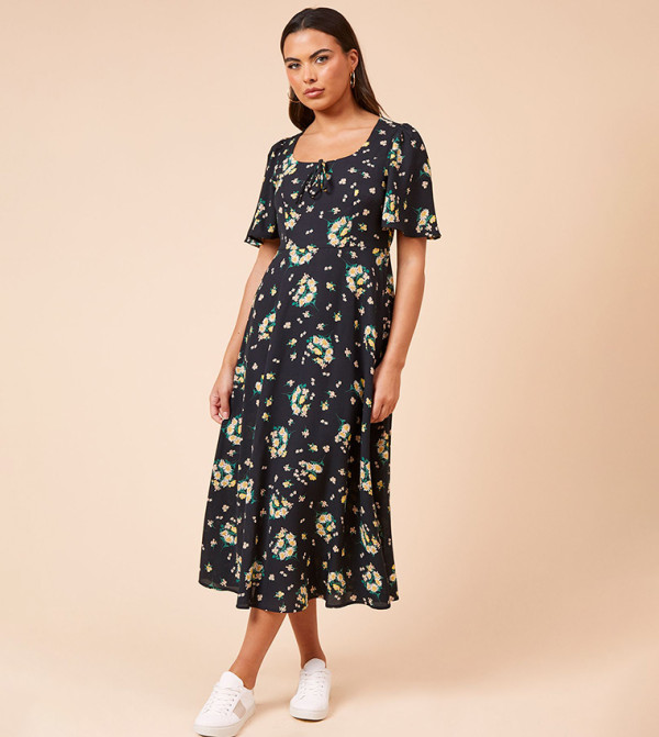 Floral Printed Tie Front Flared Sleeves Midi Dress