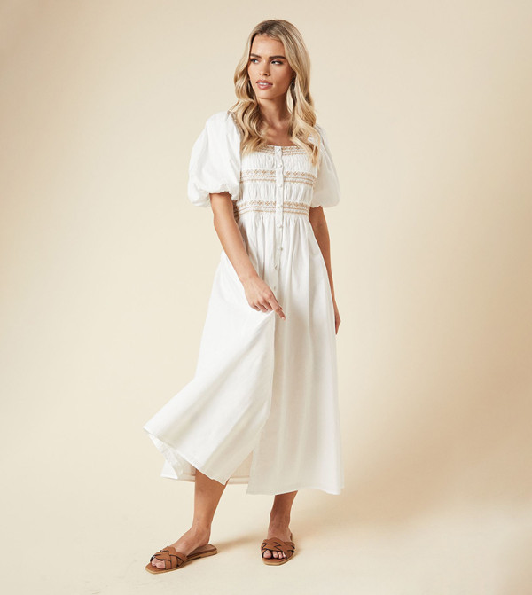 Petite Embroidered Poplin Midi Dress