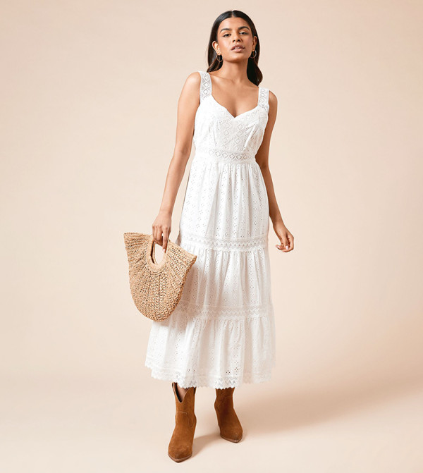 Petite Lace Insert Broderie Strappy Midi Dress