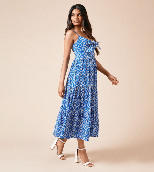 فستان ميدي بتطريز ورباط أمامي للمقاسات الصغيرة