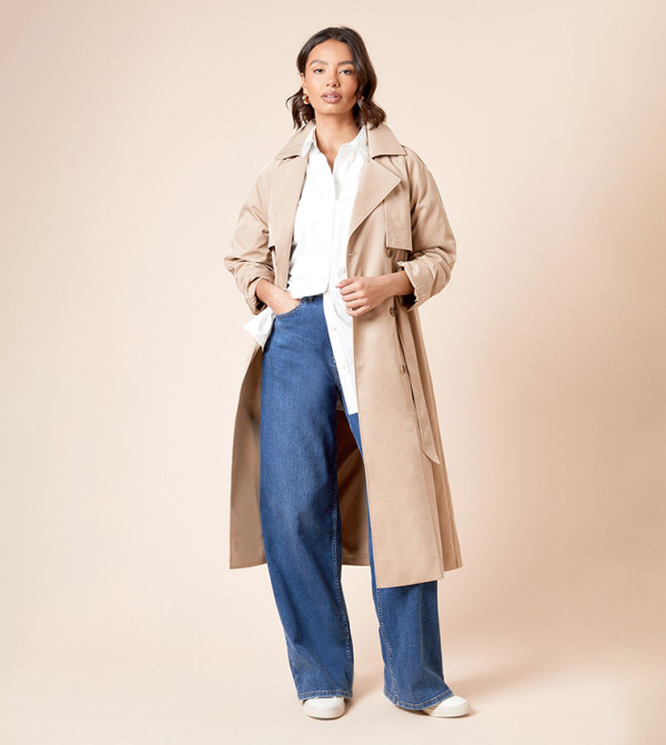 Longline Double Breasted Belted Trench Coat