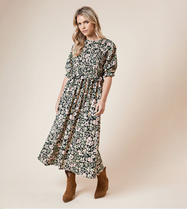 Petite Printed Shirred Bodice Peplum Midi Dress