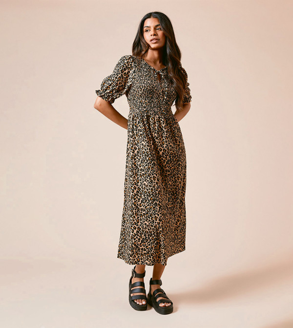 Petite Leopard Print Puff Sleeves Bodice Midi Dress