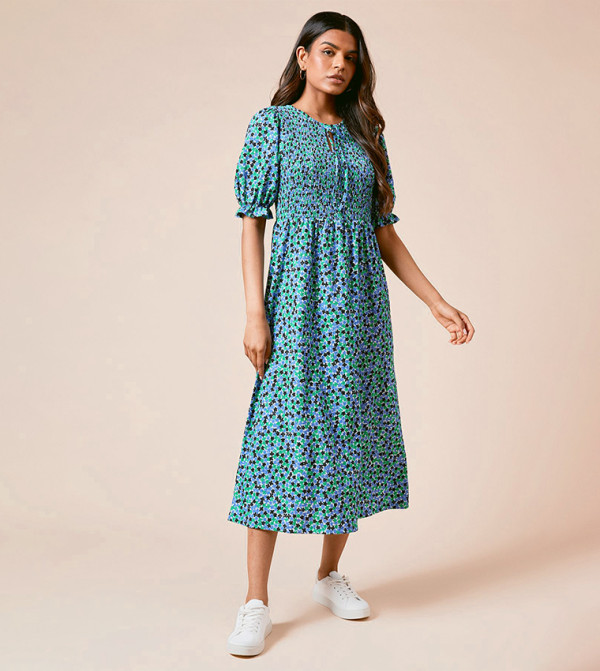 Petite Floral Print Puff Sleeves Smocked Bodice Midi Dress