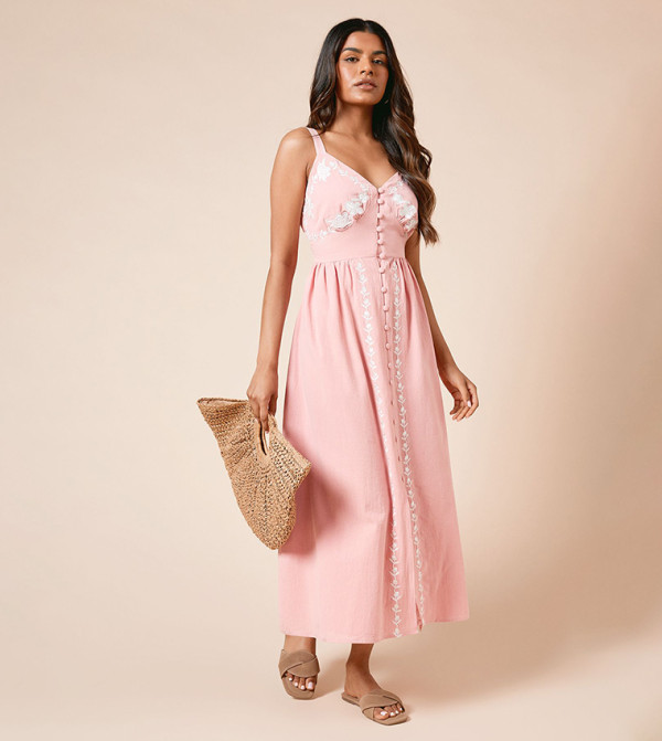 Petite Floral Print Button Up Embroidered Midi Dress