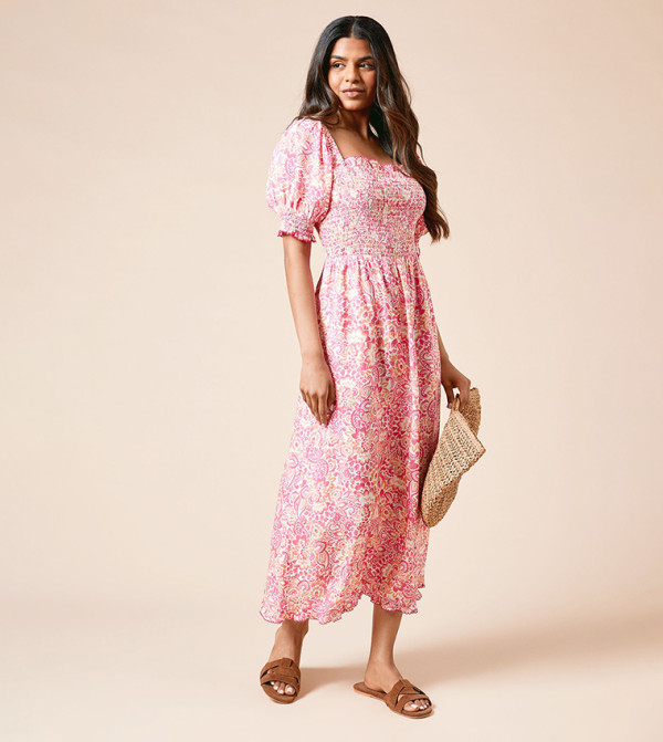 Petite Smocked Bodice Trim Detail Midaxi Dress