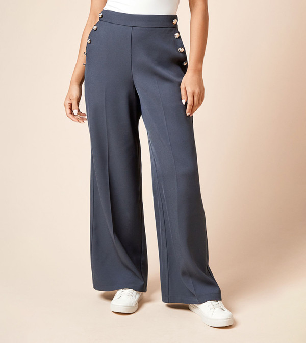 Petite Military Button Detail Wide Leg Trouser