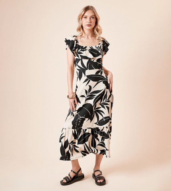 Palm Frill Tiered Hem Midi Dress