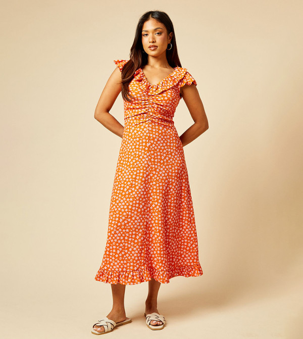 Petite Ditsy Frill Neck Ruched Front Jersey Midi Dress