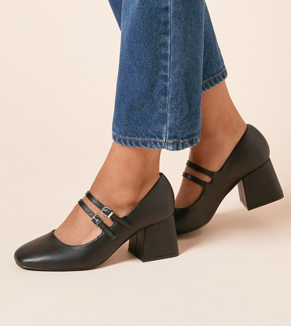 Dawn Faux Leather Double Mary Jane Block Heel Pumps