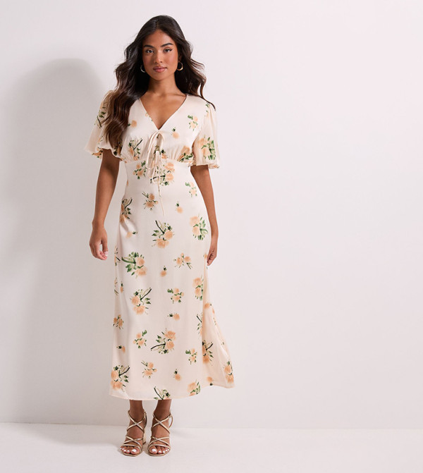Petite Floral Print Tie Front Button Down Puff Sleeves Midi Dress