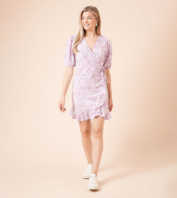 Floral Puff Sleeves Mini Wrap Dress