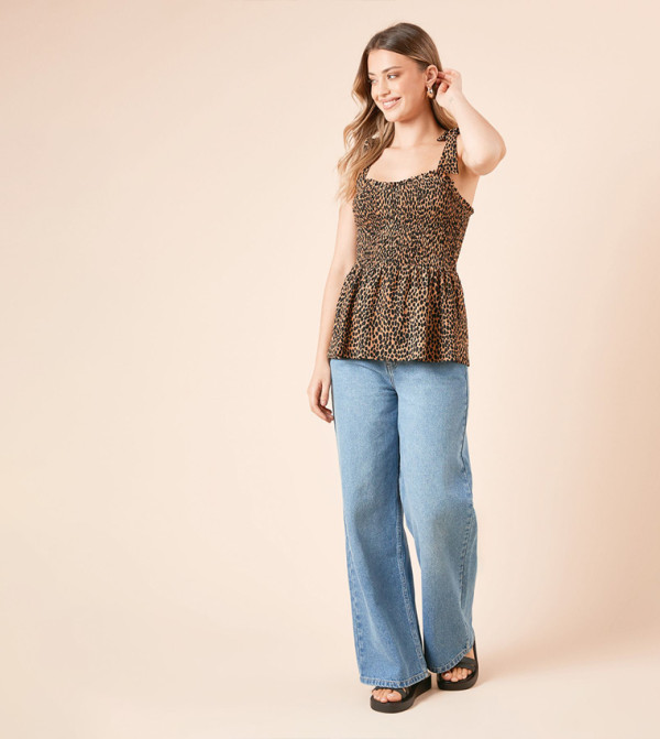 Leopard Tie Shoulder Shirred Bodice Peplum Top