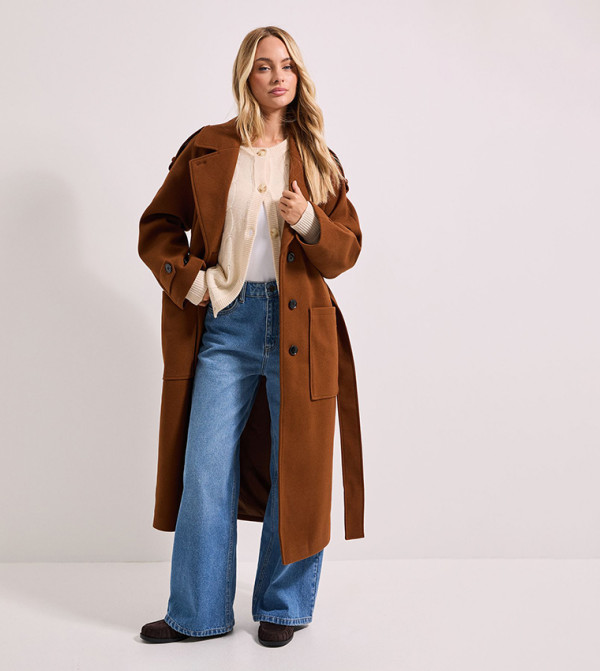 Petite Belted Long Sleeves Coat