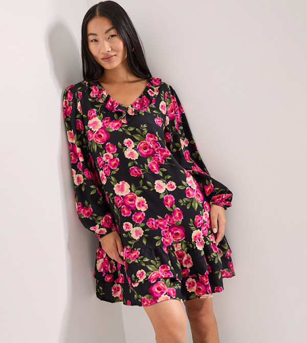 Petite Floral Printed Long Sleeves Mini Dress