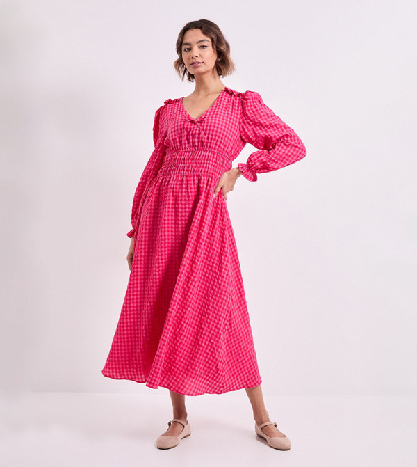 Shirred Waist Tie Detail Gingham Midaxi Dress