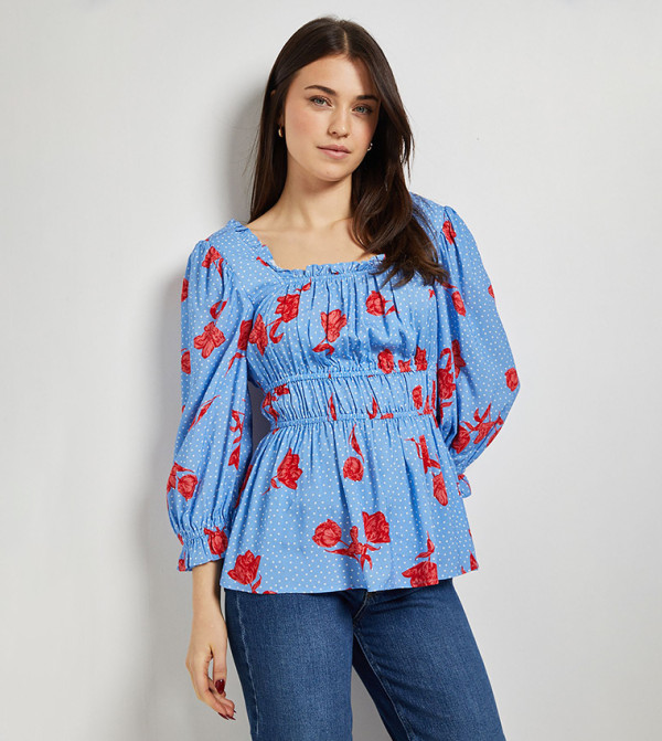 Floral Print Square Neck Puff Sleeves Top