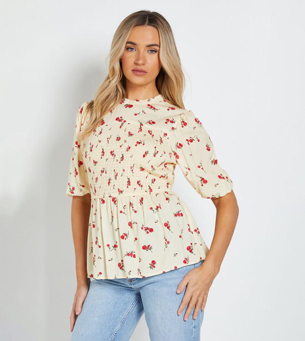 Ditsy Printed Mock Neck Shirred Bodice Top