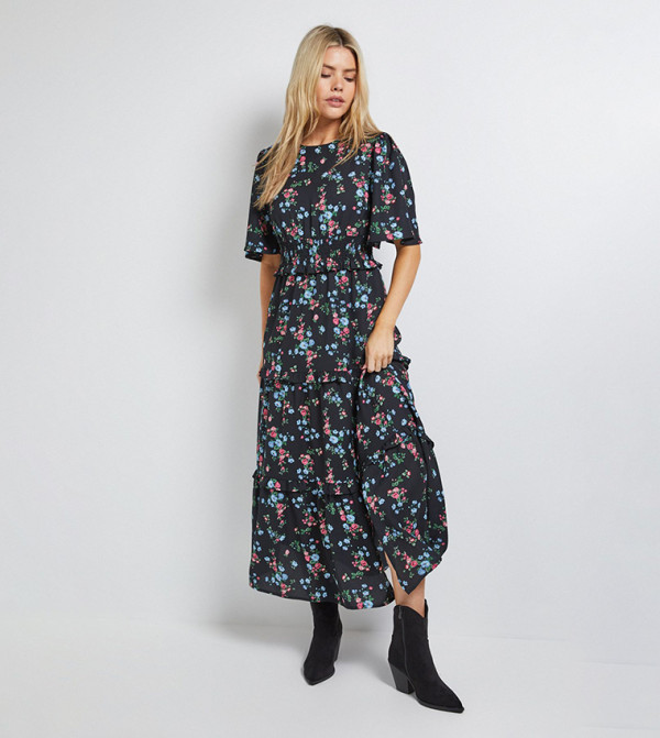 Printed Shirred Waist Angel Sleeves Tiered Maxi Dress