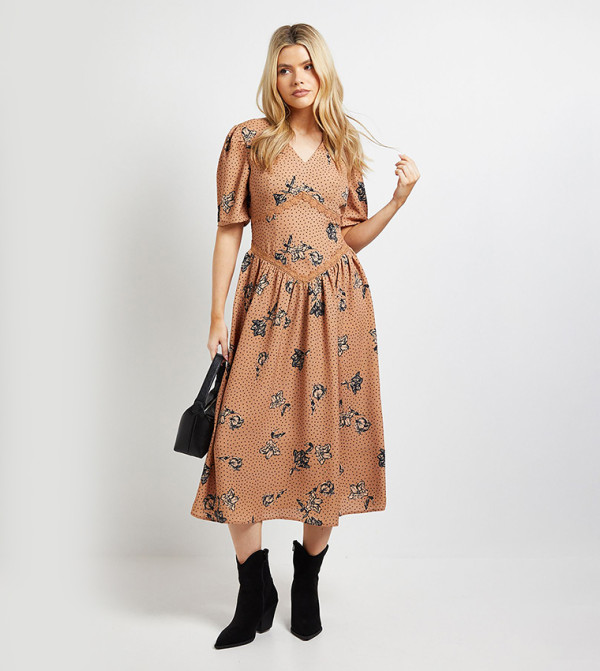 Floral Lace Detail Dropped Waist V-Neck Printed Midi Dress