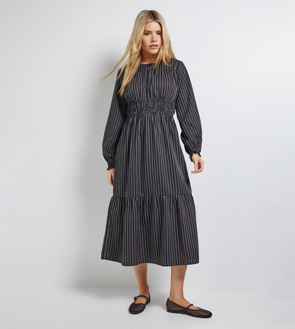 Striped Shirred Bodice Tiered Midi Dress