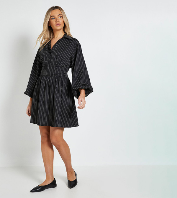 Pinstripe Collar Detail Gathered Waist Mini Dress