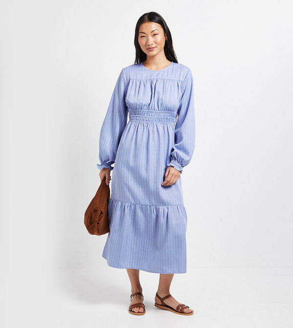 Petite Striped Shirred Bodice Tiered Midi Dress