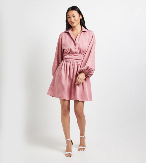Petite Striped Collar Detail Gathered Waist Mini Dress