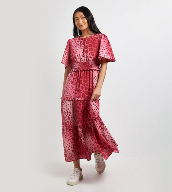 Petite Animal Shirred Waist Flared Sleeves Tiered Maxi Dress
