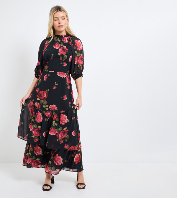 Floral Printed Chiffon Empire Waist Tiered Frill Maxi Dress