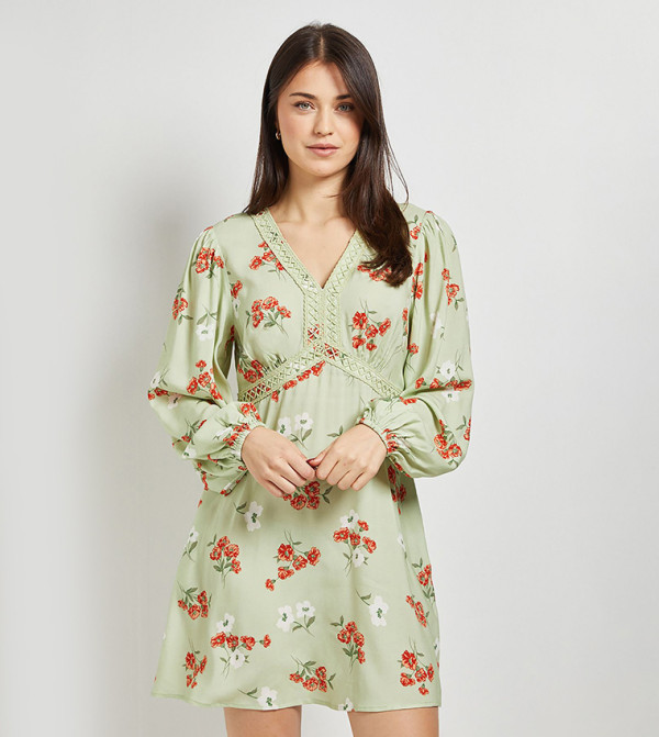 Printed Lace Trim Long Sleeves Printed Mini Dress