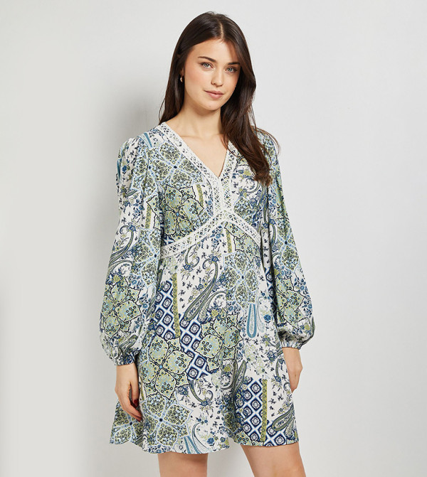 فستان ميني كم طويل دانتيل بطبعة بيزلي