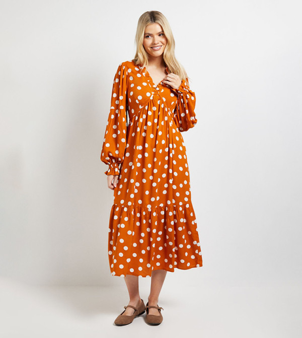 Polka Dots Empire Seam Frill Detail Midi Dress