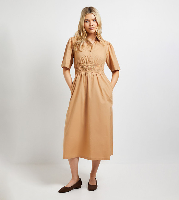 Collar Shirred Waist Detail Poplin Midi Dress