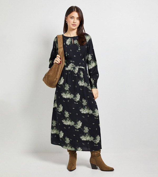 Blouson Sleeves Keyhole Detail Midi Dress