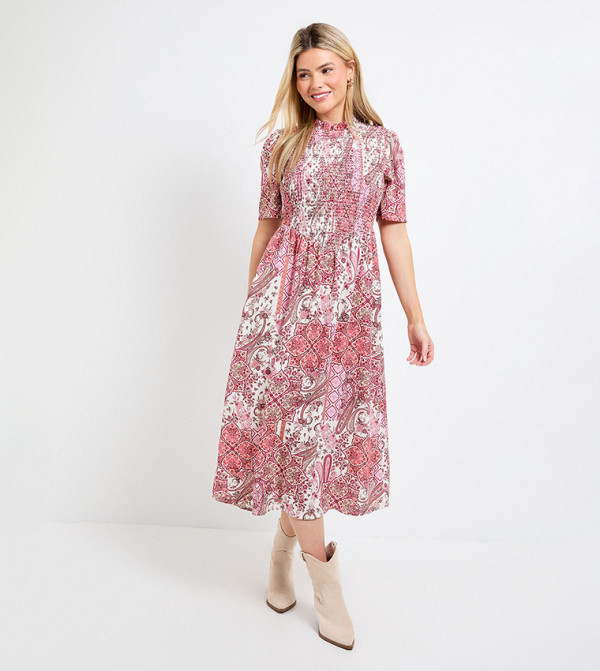 Paisley Shirred Bodice Drop Waist Midi Dress