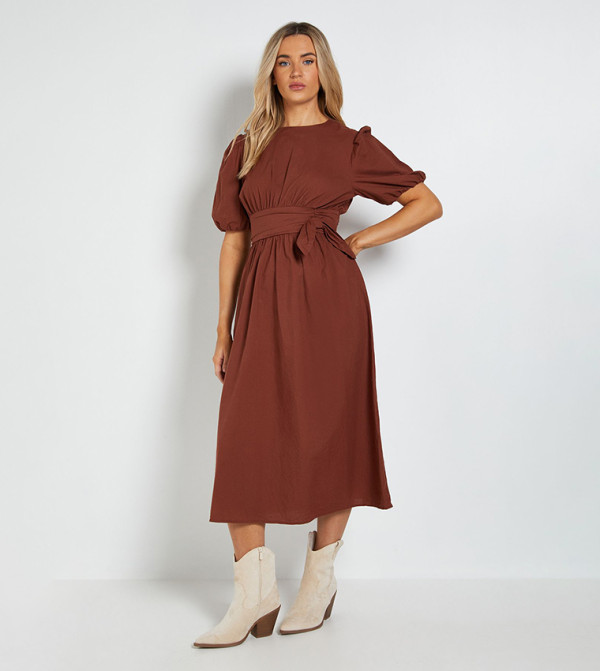 Bow Waist Detail Puff Sleeves Midi Dress