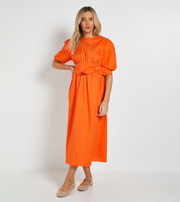 Bow Waist Detail Puff Sleeves Midi Dress