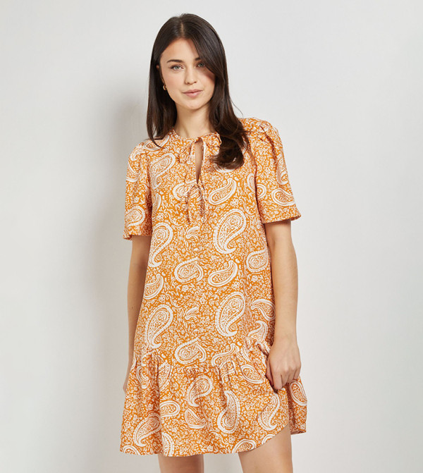 Paisley Print Tie Detail Drop Hem Printed Mini Dress